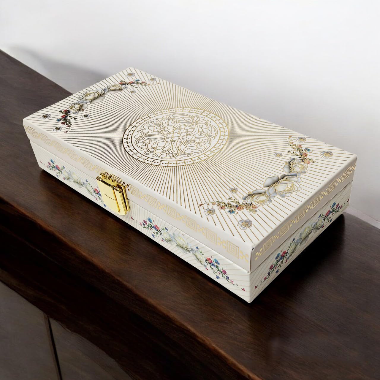 Floral Design Gold Printed Matt Touch Mgi Floral Decorative Box, Wedding Fancy Shagun Cash Box, Jewellery Box, Money Box, Gaddi Box, Colour - White, Style - Traditional