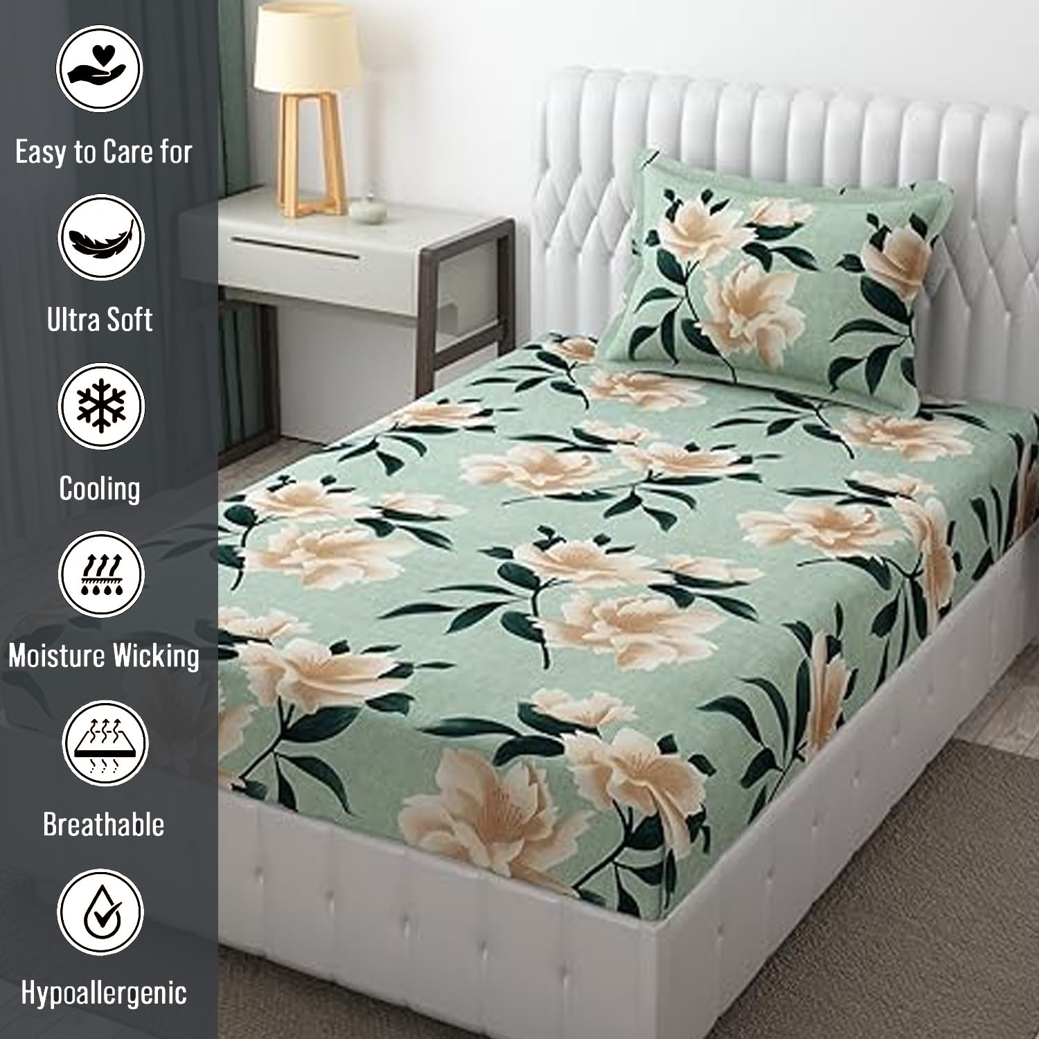 Microfiber Single Bedsheet Set With 1 Pillow Covers (60 X 90 Inches) Sea Green | Durable & Long-Lasting | 144 Thread Count | Wrinkle Free