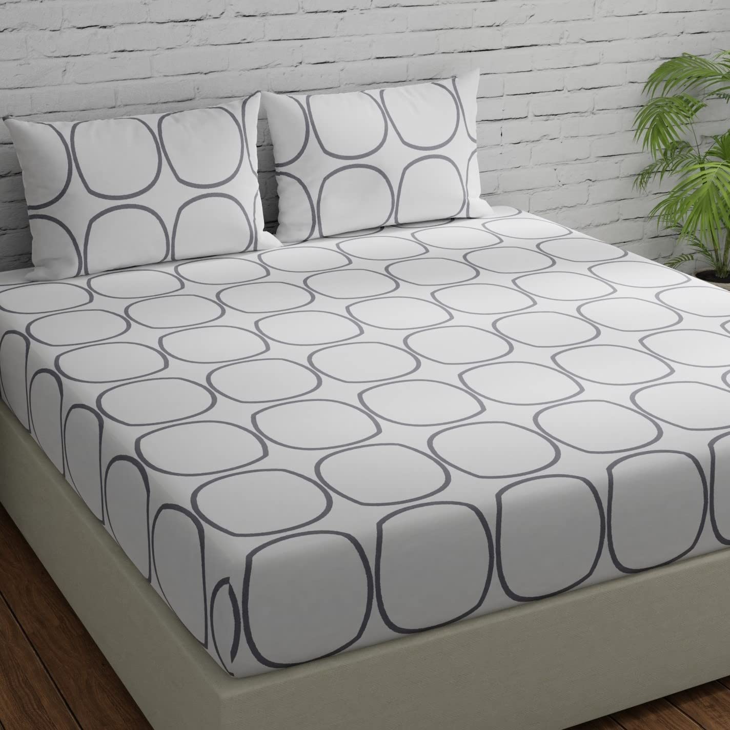 Cotton Double Bedsheet For Queen Size With 2 Pillow Covers - 88 X 96 Inches, White & Grey | Good For Guest Houses, & Daily Home Use