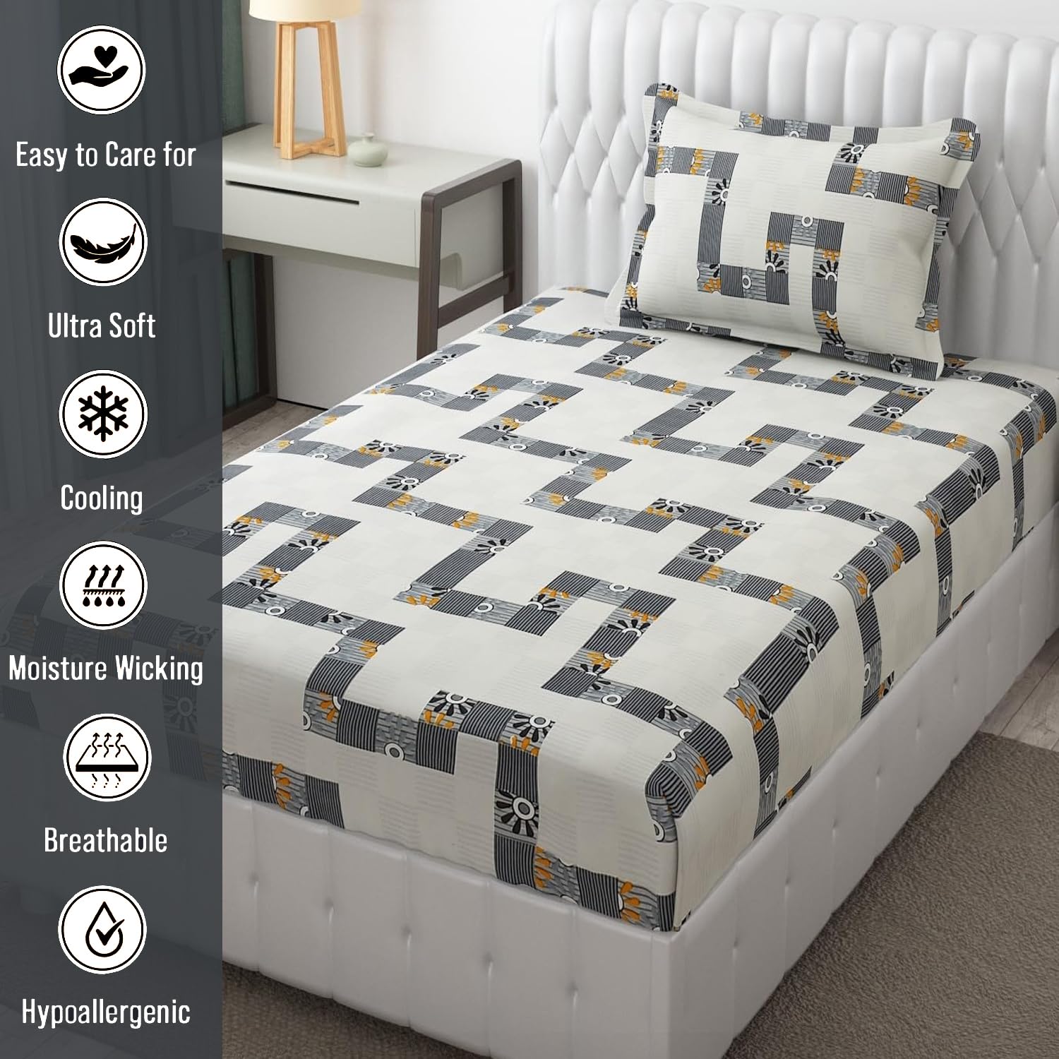 Microfiber Single Bedsheet Set With 1 Pillow Covers (60 X 90 Inches) Grey & Black | Durable & Long-Lasting | 144 Thread Count | Wrinkle Free