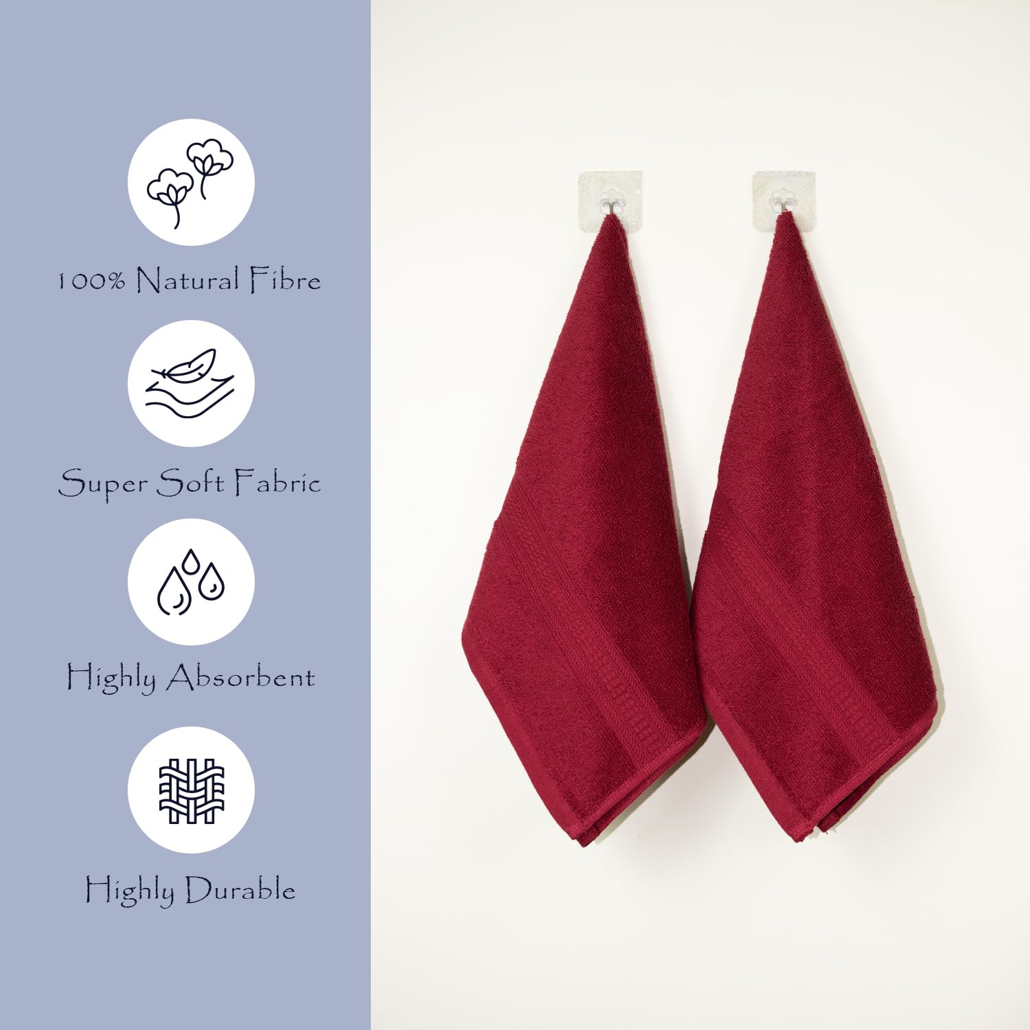 Rangoli 100% Cotton Fibre 2 Hand Towel 500 Gsm | Highly Durable & Super Absorbent Towel | Skin-Friendly & Quick Drying Luxury Towels (Maroon)