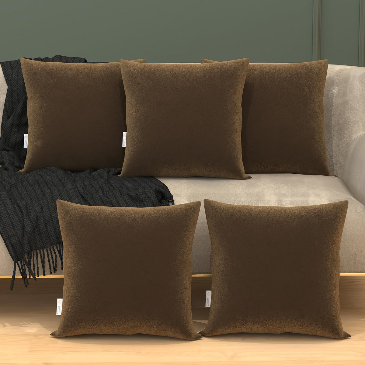 Microfiber Square Soft Pillow Cushion For Sofa & Bed, Brown - 18 X 18 Inch | Fluffy Pillow For Comfort & Back Support | Breathable, Washable | Premium Velvet Cover With Zip - Pack Of 5