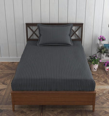 Elastic Fitted Cotton Single Bedsheet With One Matching Pillow Covers - 36 X 75 Inches, Dark Grey | Soft Touch, Comfortable & Breathable