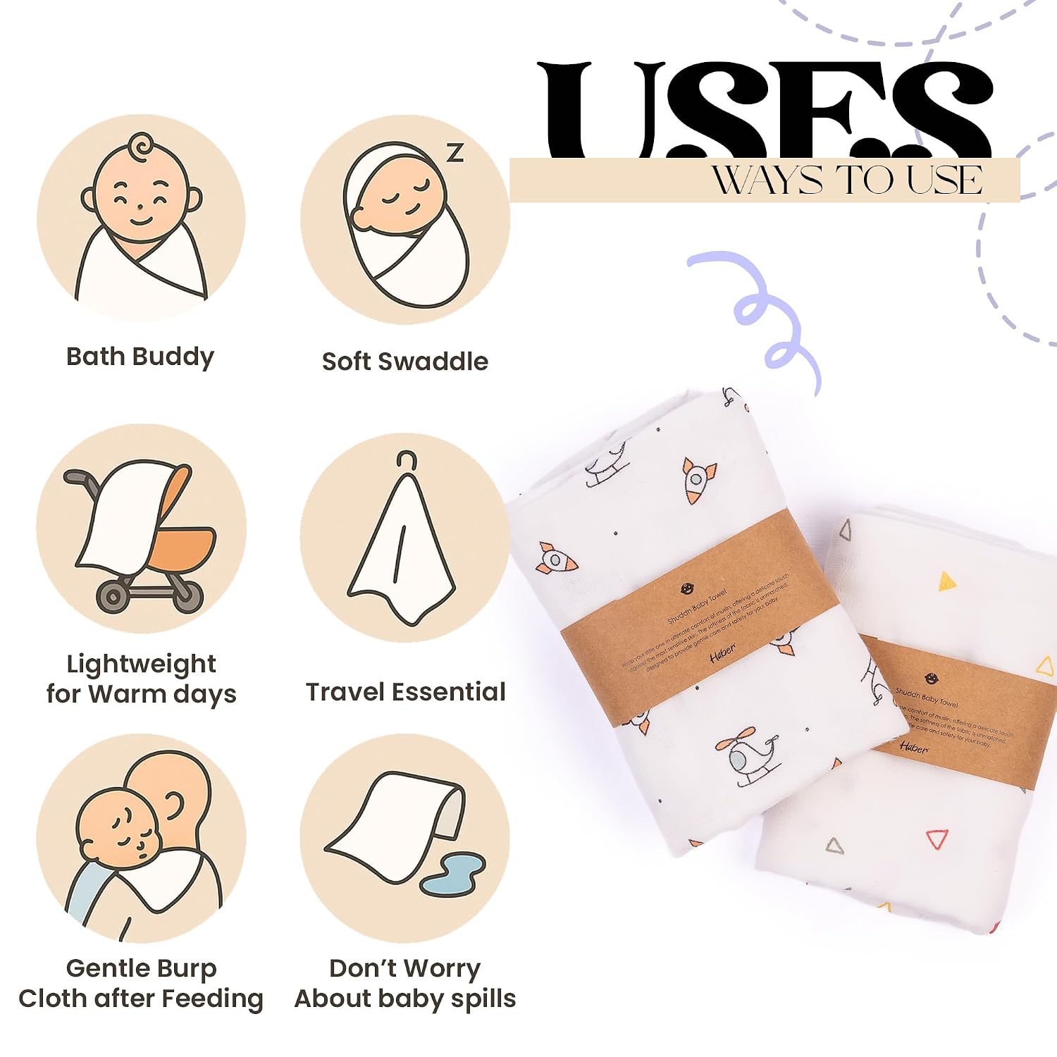 Haber Traditional Baby Muslin Bath Towel 160 Gsm | Organic Indian Cotton 4 Layer, Eco-Conscious & Safe Printed Cloth (Chopper & Trio)- Pack Of 2