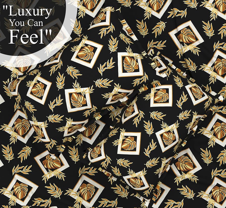 Cotton Elastic Fitted Bedsheets With 2 Pillow Covers Double Bed All Around Elastic Sheet Leaf Print | 72 X 78 +10 Inches, Black-Breathable & Skin-Friendly Bedsheet