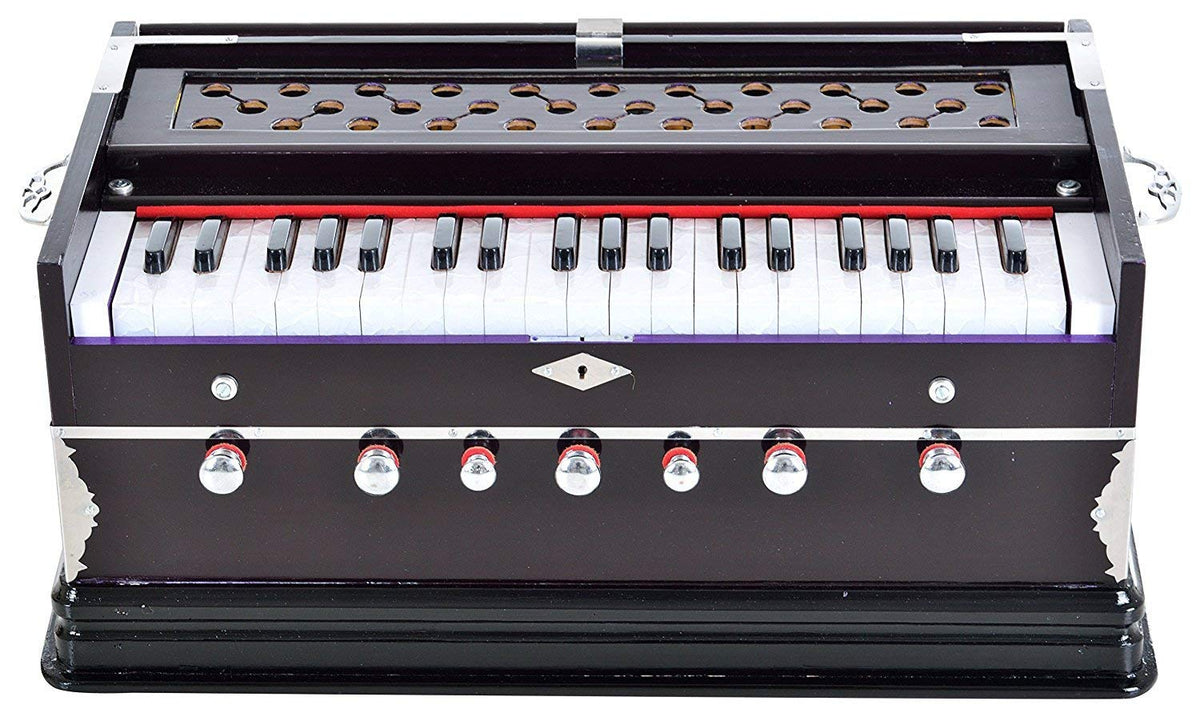 Musical Instrument Harmonium With Full Wooden Top Cover - 7 Stopper, Double Bellow, 39 Keys, Two Reeds (Bass Male), 3 1/4 Octave | Handmade Instrument - Two Side Carry Handles, Jaali Frame On Keys
