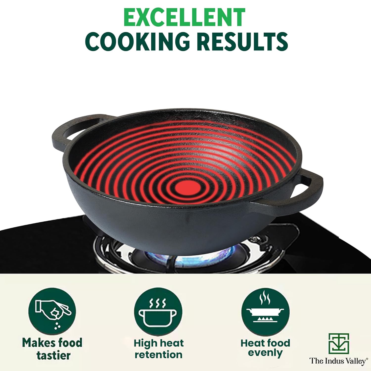 Pre-Seasoned Cast Iron Kadai With Flat Handles - Medium, 25.4 Cm, 10 Inch, 2.3 Liters, 2.5 Kg | Naturally Nonstick Kadhai, 100% Pure & Toxin-Free, No Chemical Coating