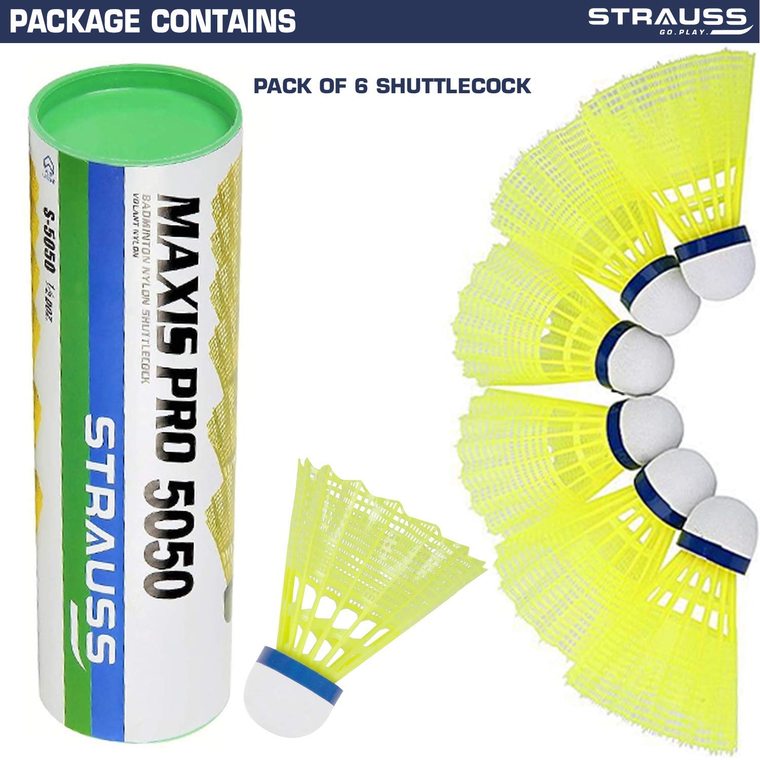 Strauss Maxis 5050 Badminton Nylon Shuttlecock | Medium Speed, Durable & Less Frequent Replacement , Green | Pack Of 6