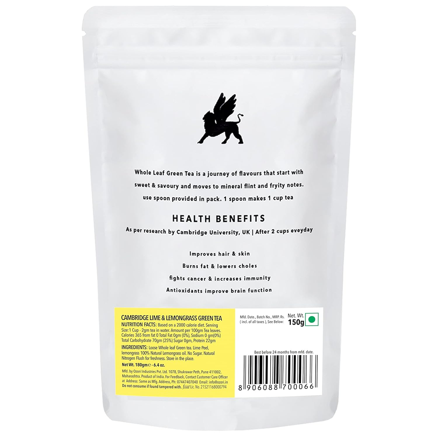 Cambridge Tea Party Spa Tulsi Green Tea - 150gm, 5.2 Ounce | Lemongrass Lemon Fresh Lime Green Tea - Fresh Flush Whole Leaf Loose Tea | Caffeine Free, No Sugar