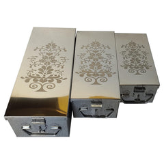 Stainless Steel Safe Locker Boxes For Cash Peti Pooja Jewellery Set Box, Pack Of 3, Size - 8 Inch, 10 Inch, 12 Inch With Laser Printed Tree Design, Special Feature - Portable