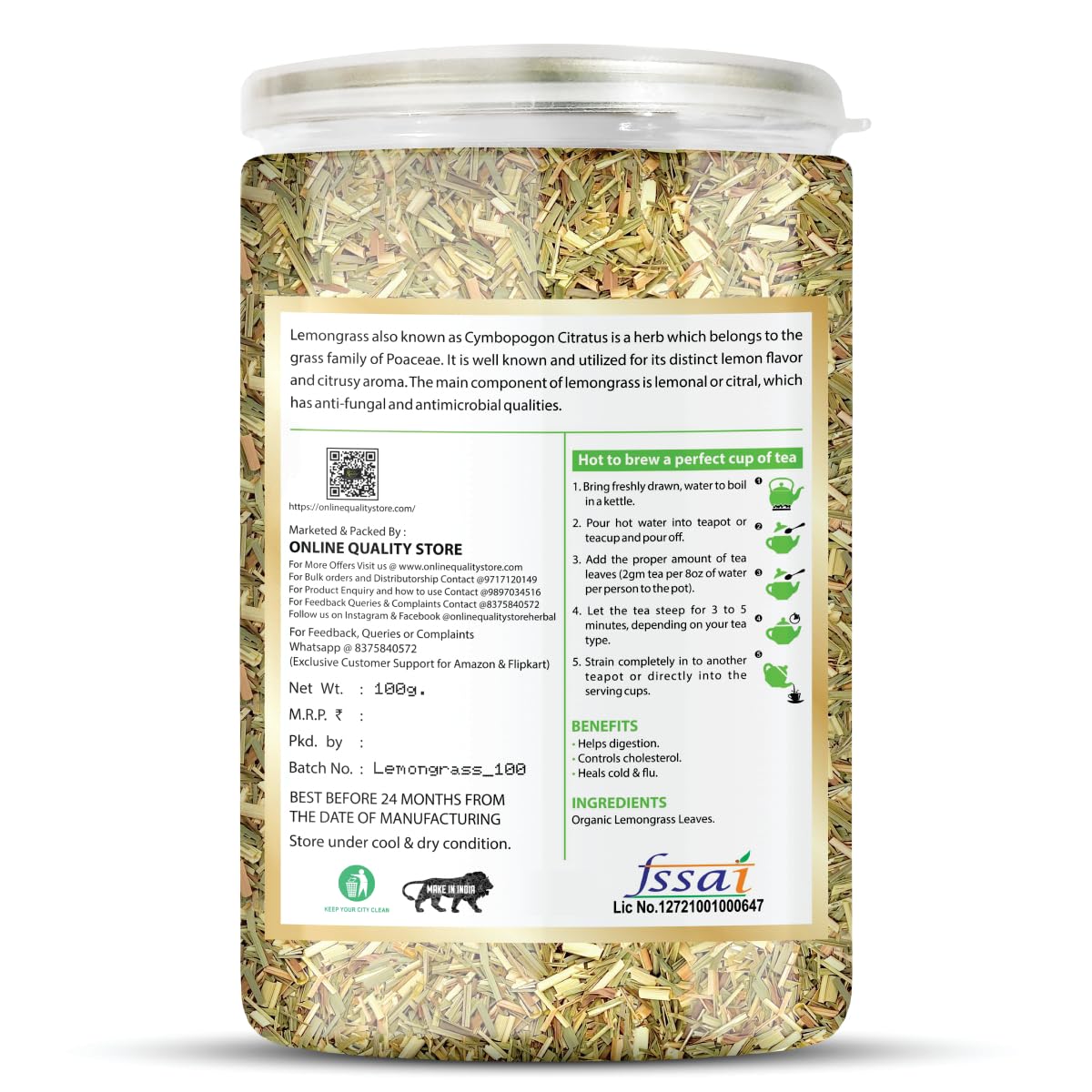 Online Quality Store Lemongrass Herbal Green Tea - 100gm, 3.5 Ounce | Reduces Anxiety, Improves Immunity - Organic Pure Dried Leaves | Caffeine Free