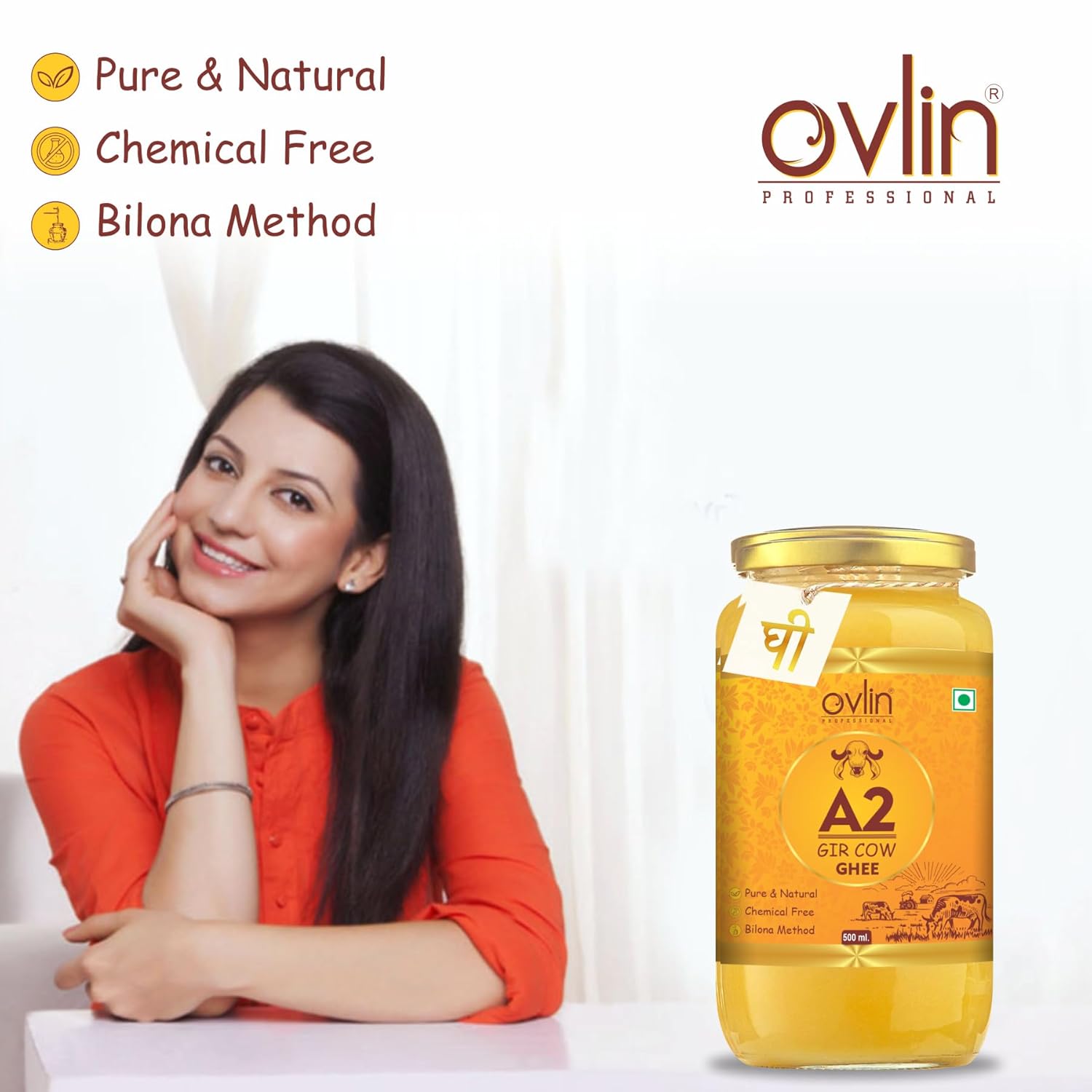 Pure Natural A2 Gir Cow Ghee By Ovlin Professional | Rich In Nutrients & Vitamins Healthy Desi Ghee Good For Dishes | 1 Litre (500ml * 2) 33.8 Ounce | Jar Pack