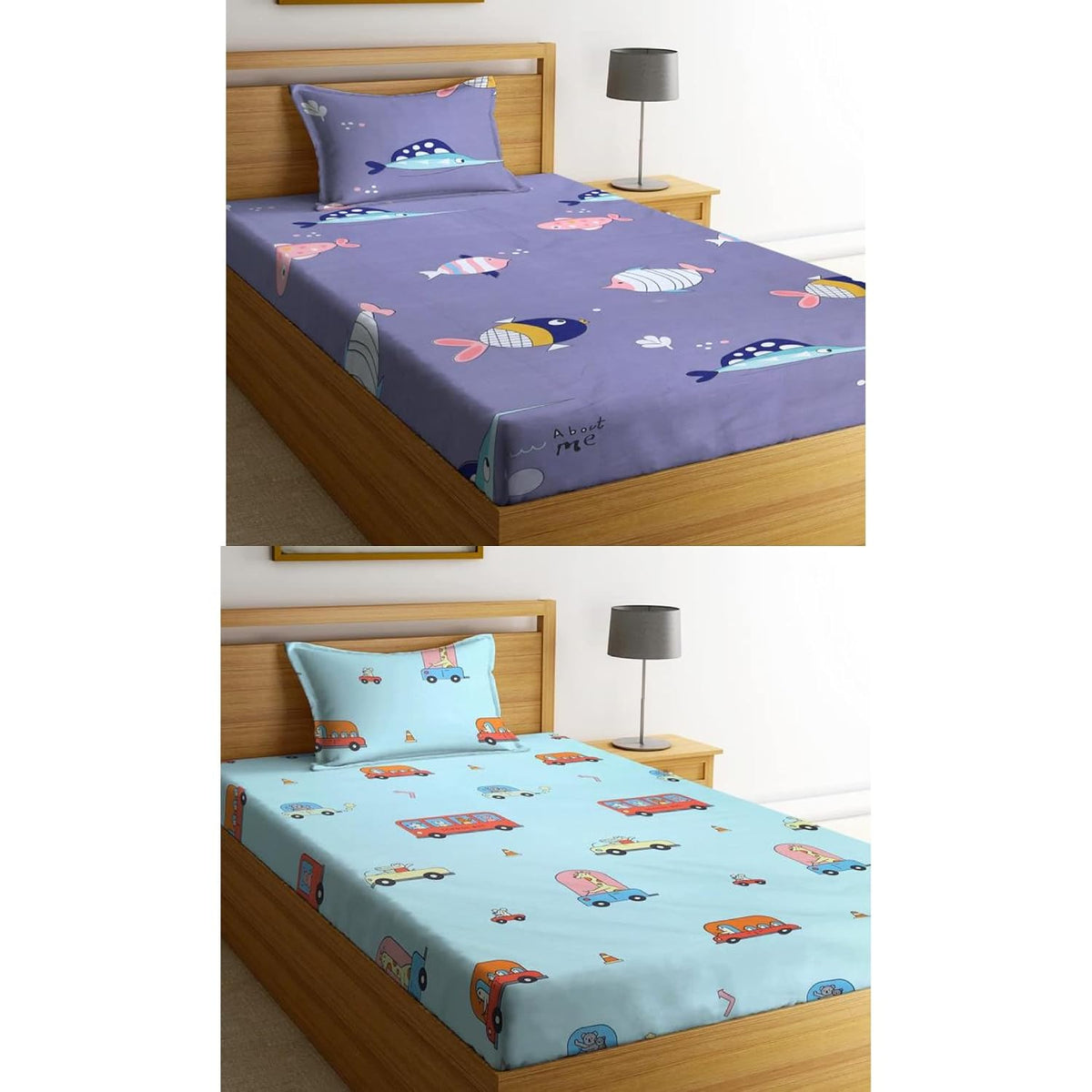 Printed 2 Single Bedsheets Special For Kids With 2 Matching Pillow Covers - 60 X 90 Inches, Multicolor | Cotton Feel Soft & Smooth Cartoon Bedsheet