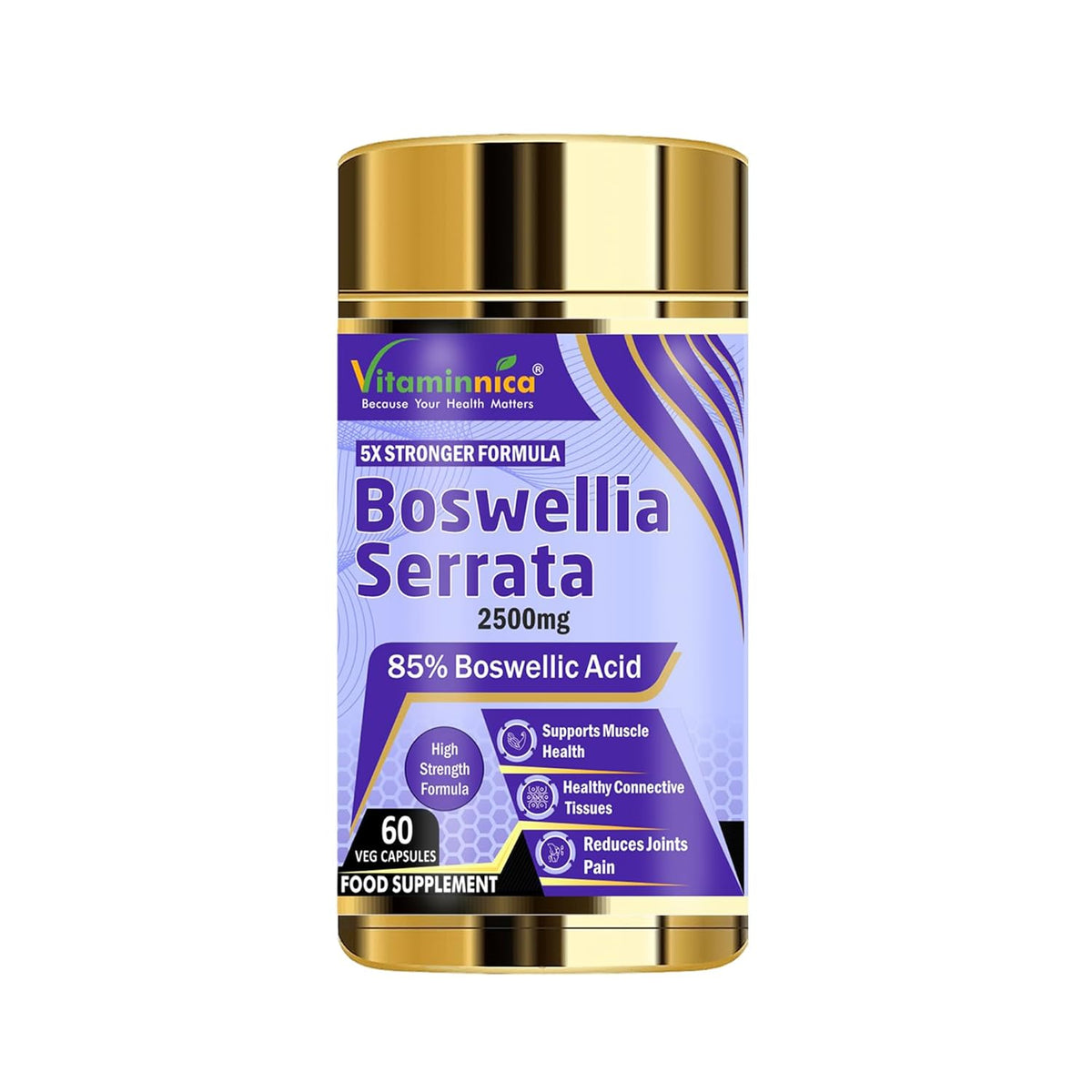 Vitaminnica Boswellia Serrata 2500mg 5:1 Extract, 2 Months Supply, 85% Standardised Boswellic Acid, Indian Frankincense, Anti - Inflammatory | 60 Vegan Capsules 100gm 0.2lbs