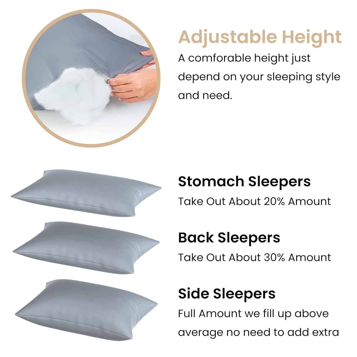 Microfiber Pillows For Sleeping, Adjustable Bed Pillow, Grey - 41 X 61 Cm | For Neck Support, Ergonomic, Hypoallergenic, Antibacterial, Washable, Without Cover - Set Of 4
