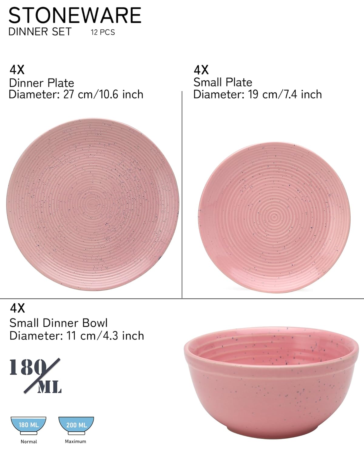 Handcrafted Ceramic Stoneware Dinner Set - Pack Of 12, Blush Pink | 4 Dinner Plates, 10.6 Inch Each + 4 Small Plates, 7.4 Inch Each+ 4 Small Dinner Bowl, 180ml Each - Microwave & Dishwasher Safe