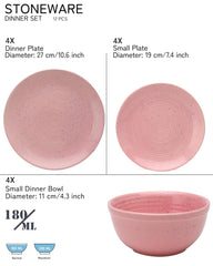 Hand Glazed Ceramic Stoneware Dinner Set - Pack Of 12 Pcs, Pastel Pink | 4 Dinner Plates, 10.6 Inch Each + 4 Small Plates, 7.4 Inch Each+ 4 Small Dinner Bowl, 180ml Each - Microwave & Dishwasher Safe