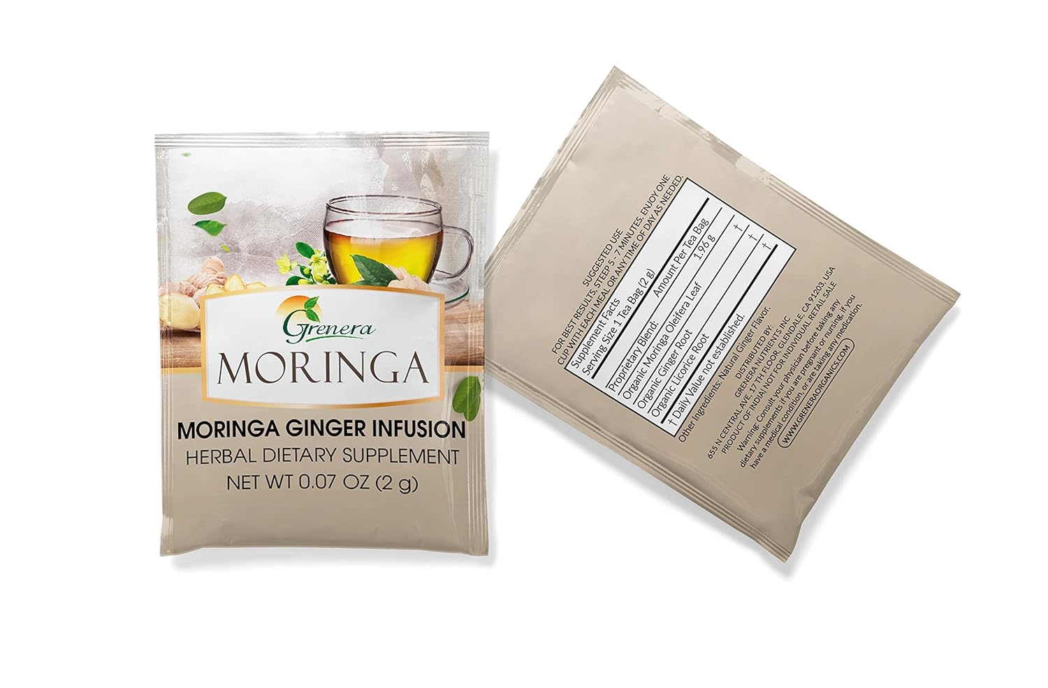 Grenera Moringa Ginger Infusion Tea - 25 Tea Bags | Herbal Dietary Supplement - Caffeine Free, Non-GMO, Gluten Free, Staple Free
