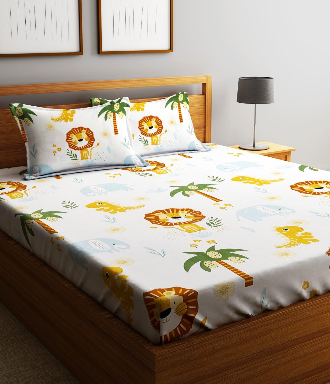 Microfiber Kids Lions Elastic Fitted Double Bedsheet With 2 Pillow Covers | 90 X 90 Inches, Orange | Normal Hand Wash Or Machine Wash