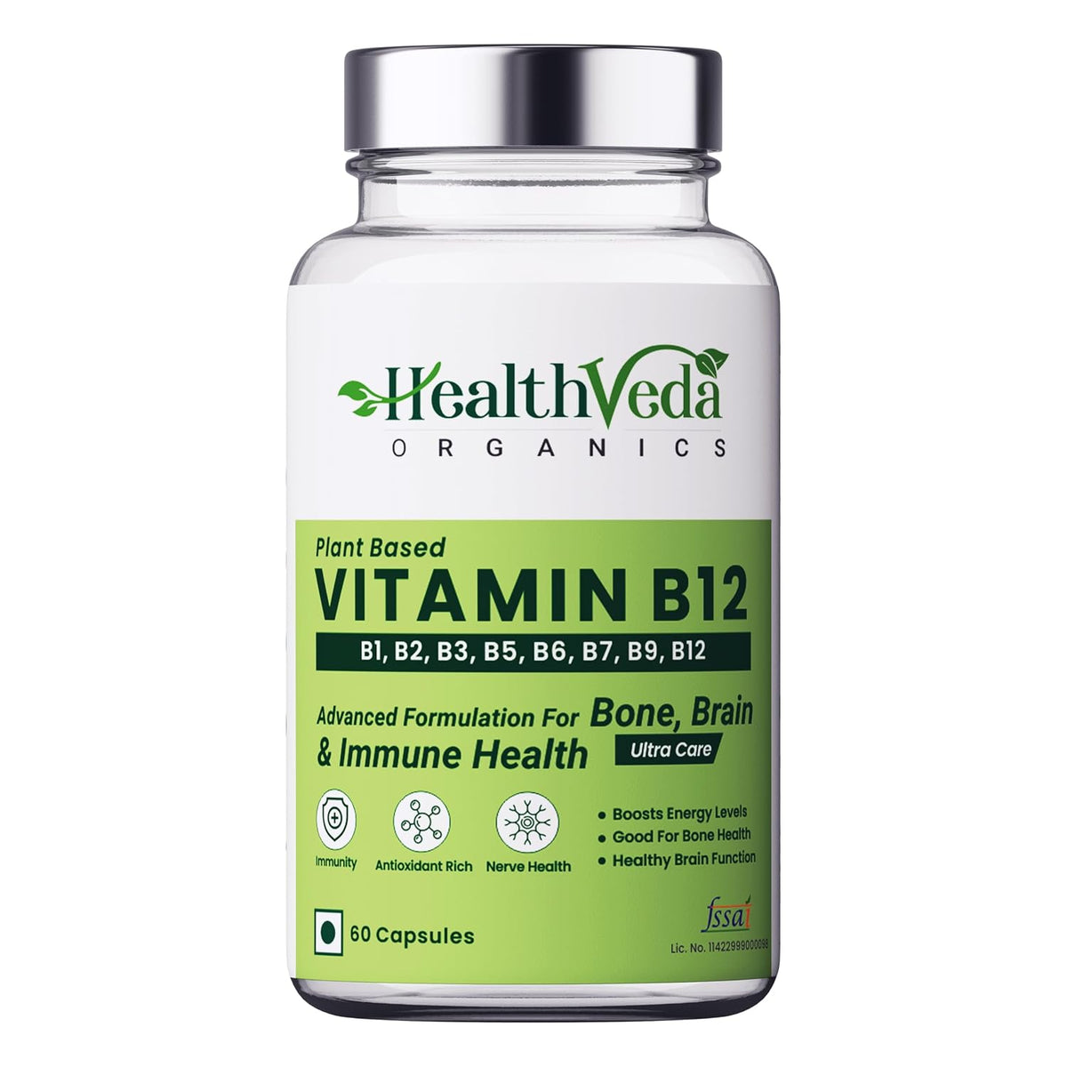Health Veda Organics Plant Based Vitamin B12 Supplement, B1, B2, B3, B5, B6, B7, B9, Boost Energy Level, Glowing Skin For Men & Women | 60 Veg Capsules , 100gm 0.2lbs