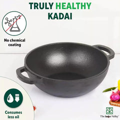 Pre-Seasoned Black Cast Iron Cookware Set + Free Iron Tadka Pan - Kadai 25.4cm, 2.3 Liters + Tawa 30.5cm | Kitchen Cooking Combo Pots & Pans Set Of 3 Pcs - Naturally Nonstick