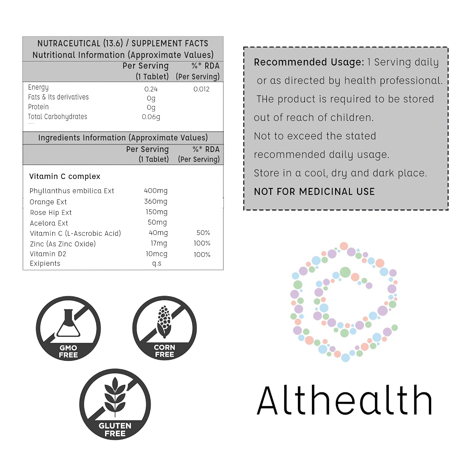 Althealth Vitamin C + Zinc Immunity Builder Supplement, Promotes Powerful Antioxidants | 60 Tablets ,100gm 0.2lbs