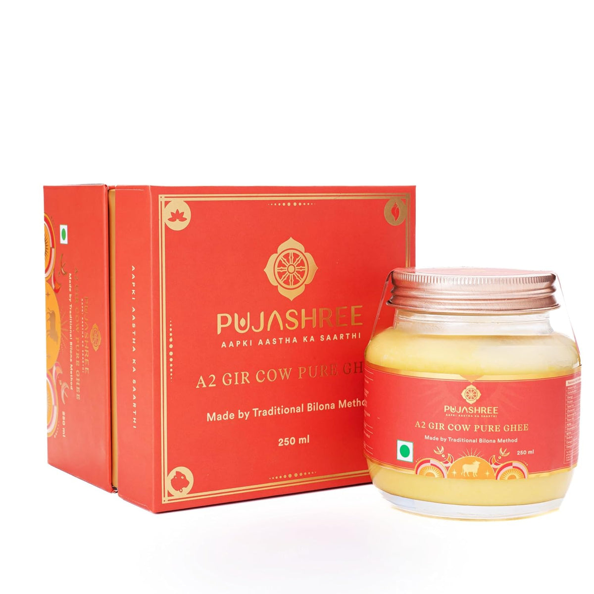 Organic Natural A2 Gir Cow Ghee By Pujashree | Traditional Bilona Method Healthy Pure Desi Ghee Good For Diwali Pujan Hawan Samagari Ghee | (250ml) 8.4 Ounce | Jar Pack