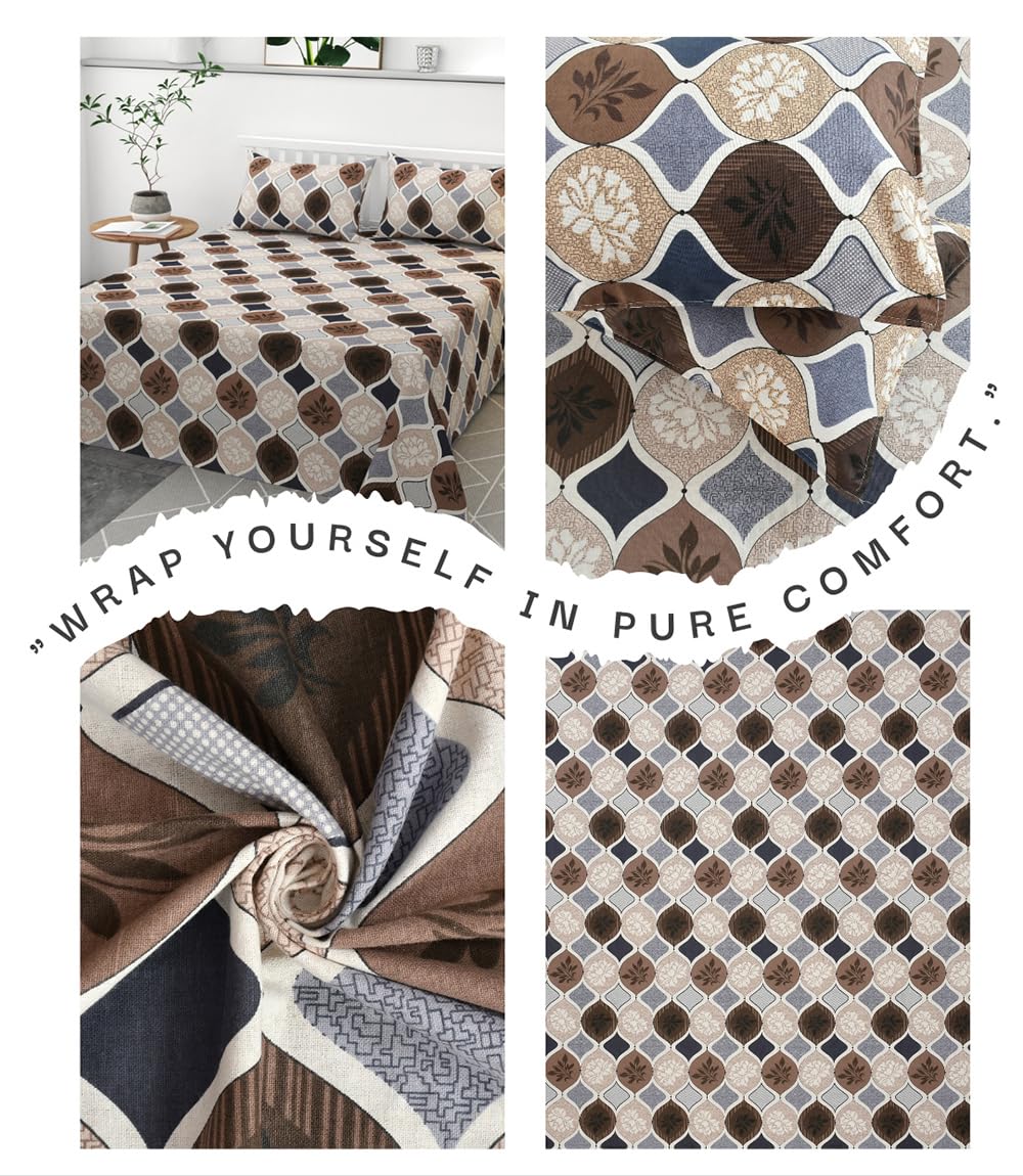 100% Pure Cotton Double Bedsheet With 2 Pillow Covers - 90 X 90 Inches, Brown & White | Soft, Breathable & Skin-Friendly Fade Resistant Double Bedsheet