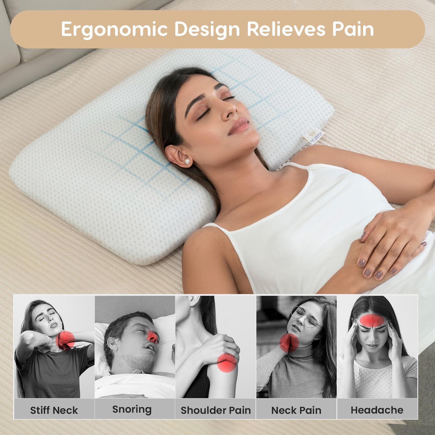 Cool Gel Ergonomic Memory Foam Pillow, White - 21 X 14 X 4.5 Inches | Orthopedic Pillow For Neck Pain Relief & Back Support With Removable Zipper Cover | Shoulder Support - Pack Of 1