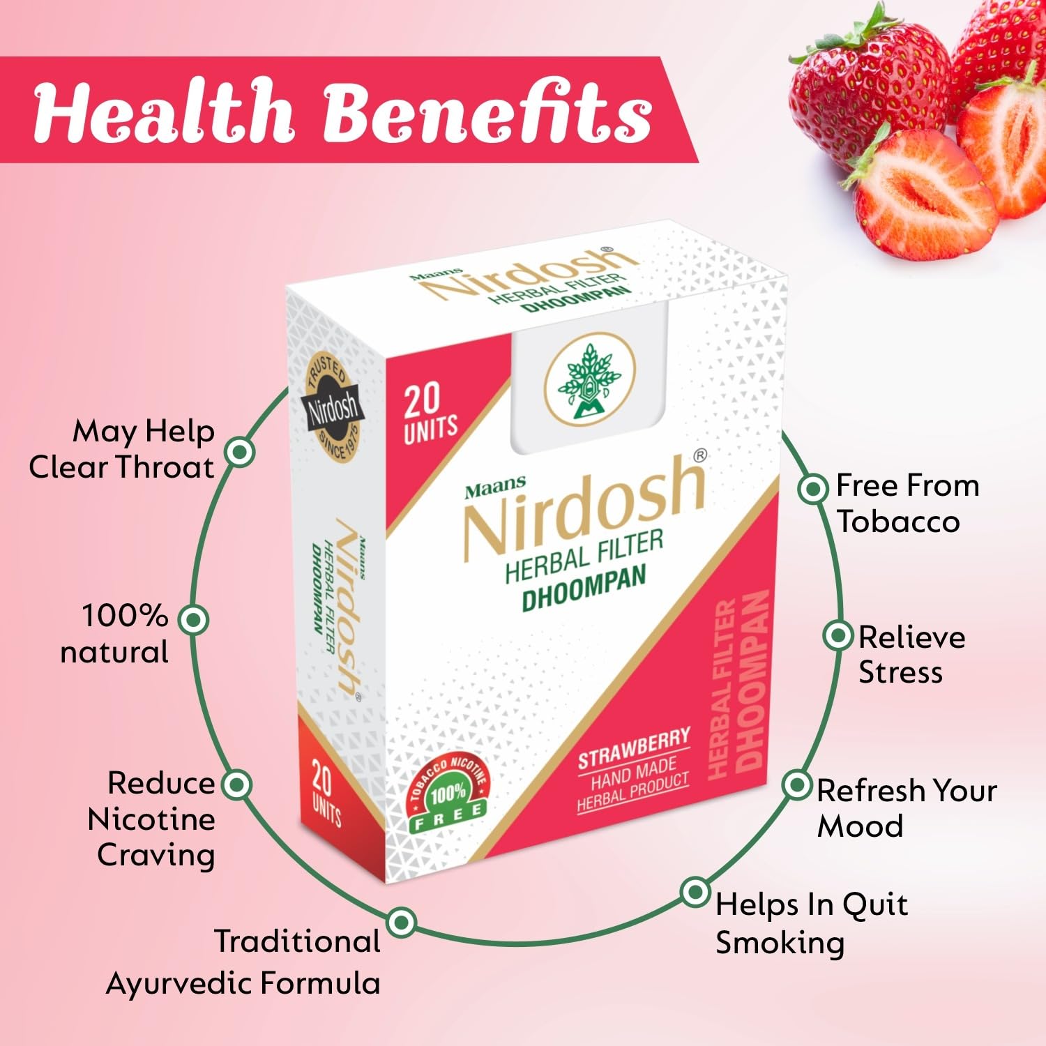 Strawberry Flavored Herbal Filter Dhoompan Sticks - Pack Of 10X 20 Pcs Herbal Cigarette | Bidi Sticks Rolled In Tendu Leaves, Non-Addictive Sticks - Tobacco Free & Nicotine Free