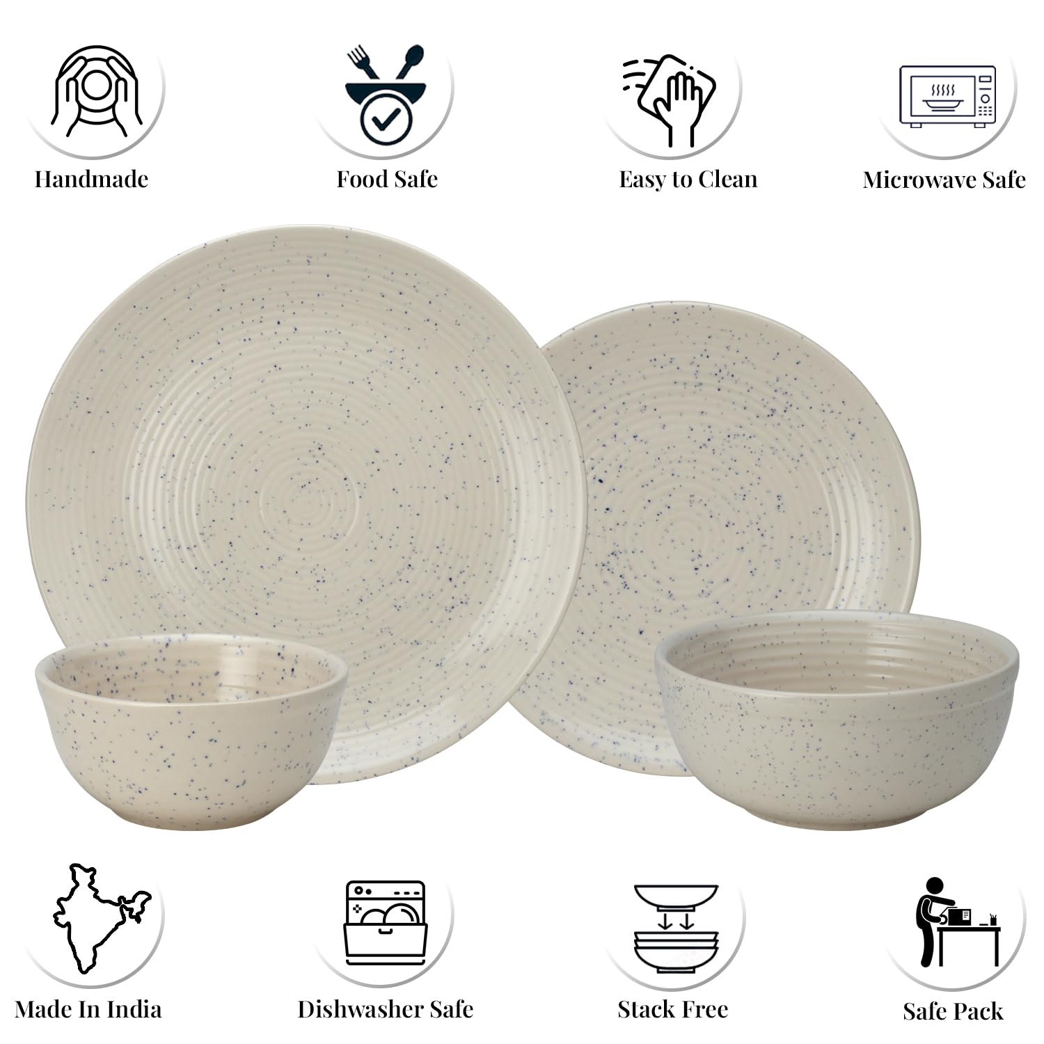 Handcrafted Ceramic Stoneware Dinner Set Of 14 Pieces With Serving Bowl Set - Ivory White | 4 Dinner Plates + 4 Small Plates + 4 Dinner Bowl, 180ml Each+ 2 Serving Bowl, 1000ml Each | Microwave Safe