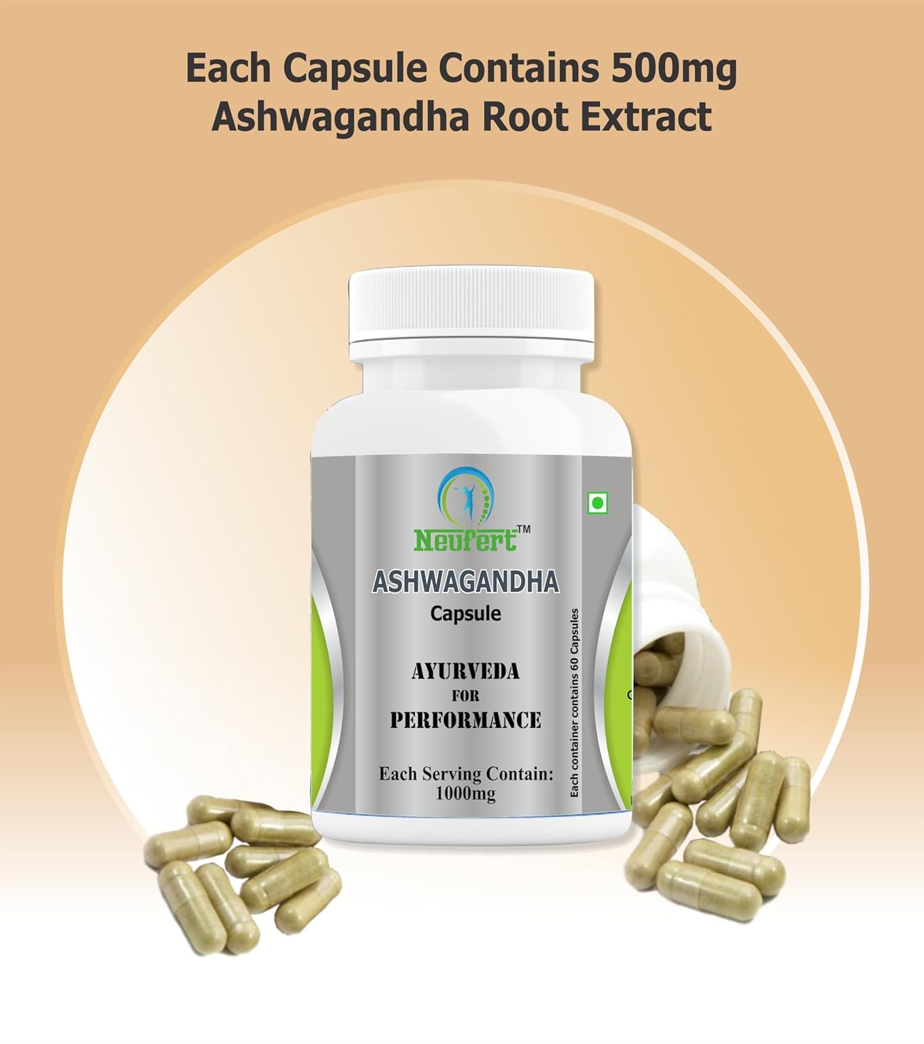 Neufert Ashwagandha Capsule Ashwagandha Root Extract, Support Mental Clarity, Energy Levels & Overall Wellness | 60 Veg Capsules 100gm 0.2lbs