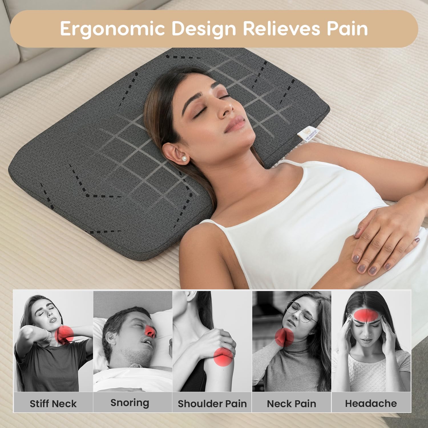 Cooling Gel Memory Foam Pillow, Pillow For Sleeping, Thin Size - 3 Inch | Neck Pain Relief & Back Support Cushion With Grey Pillow Cover | Portable, Removable Cover - Pack Of 1