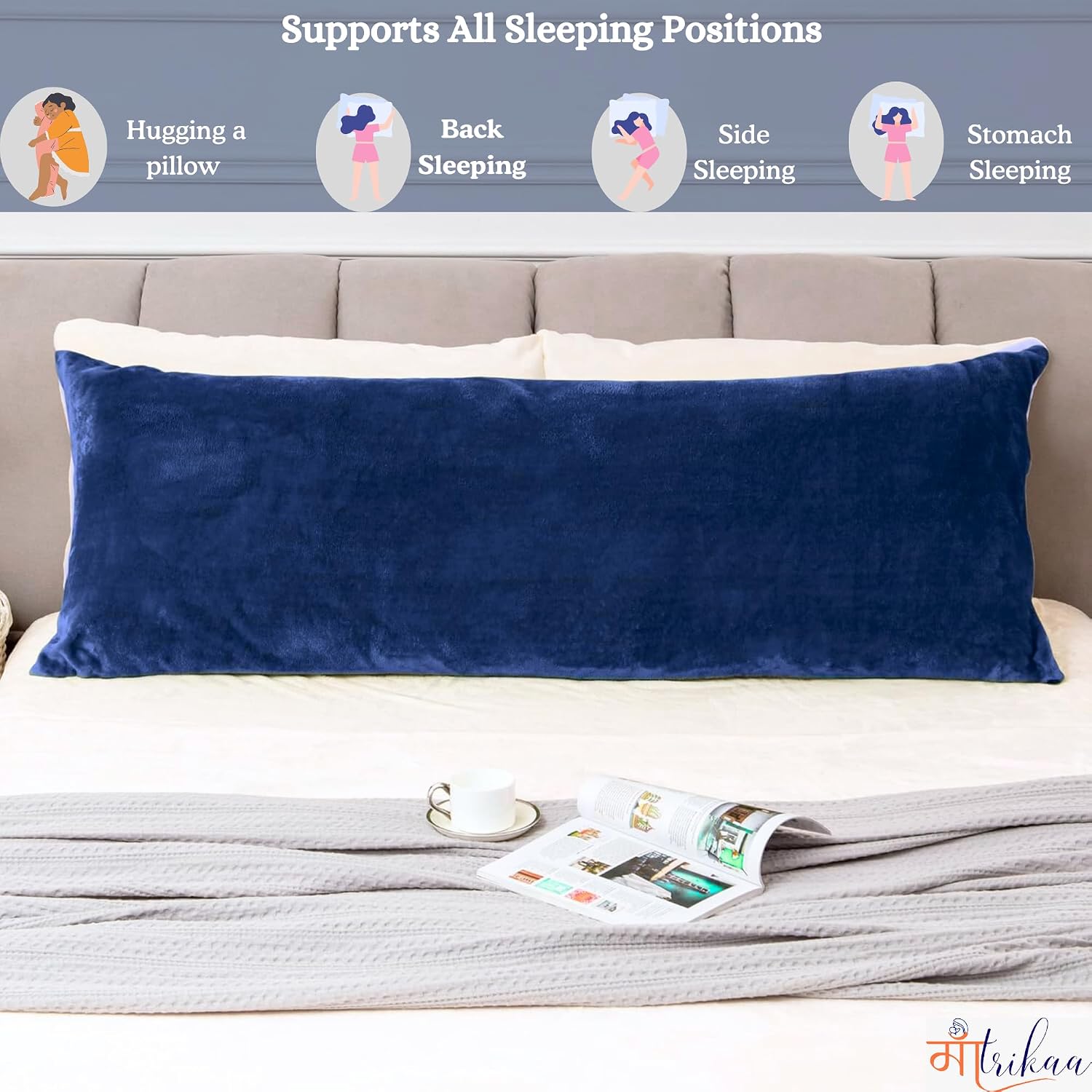 Full Body Pillow, Long Sleeping, For Side Sleeping Hugging, Cuddling, Blue - 54 X 18 Inches | For Relaxing & Pregnancy Comfort, Velvet Pillow With Removable Cover, Adjustable Pillow