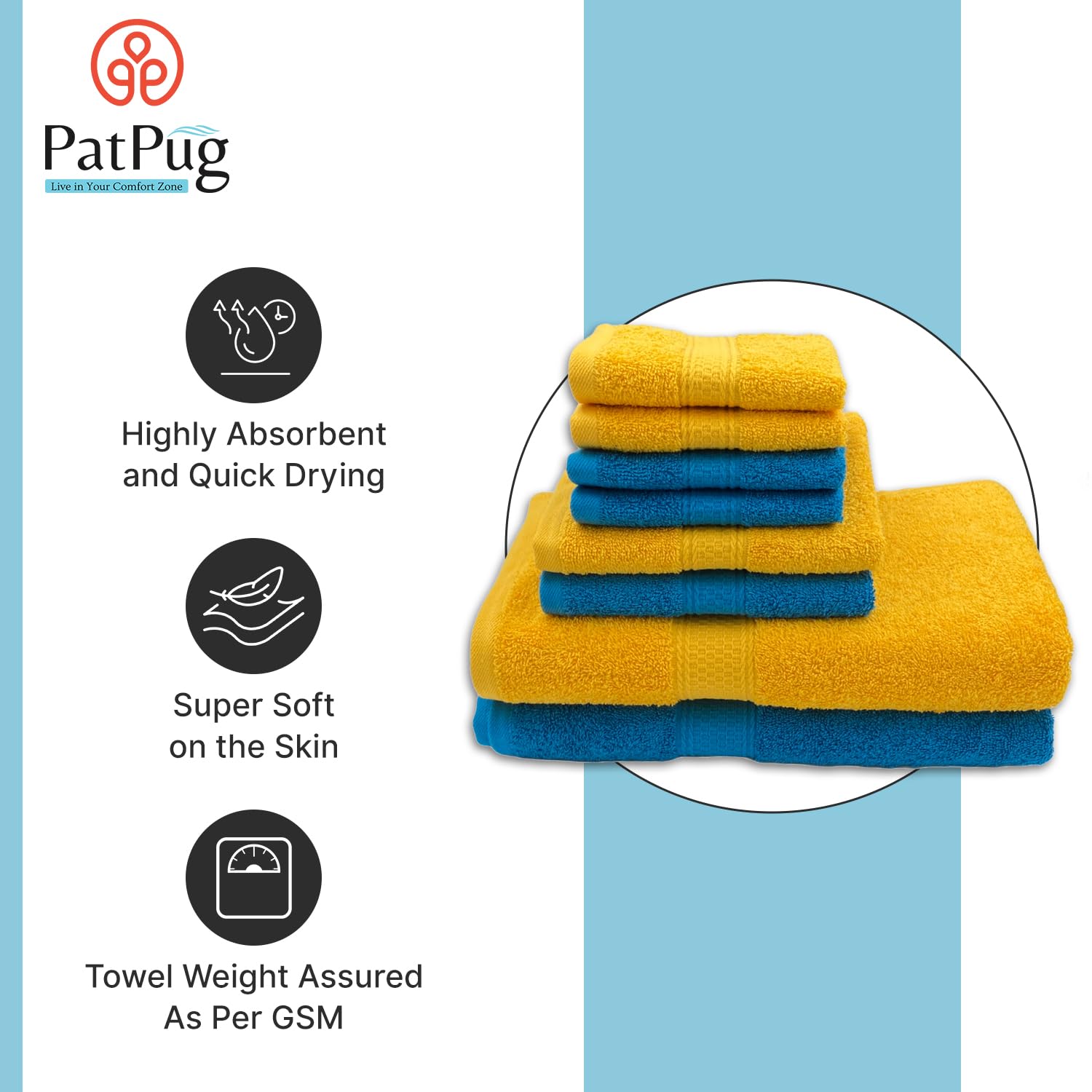 Patpug 100% Indian Cotton Plush Towel Set 2000 Gsm | Highly Absorbent, Fade Resistant, Quick Drying 2 Bath, 2 Hand & 4 Face Towel (Turqoise Blue & Sunrise Yellow) - 8 Piece