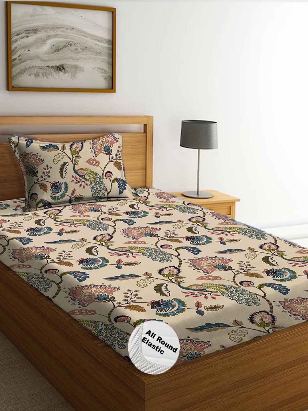 Printed Single Bedsheet With 1 Large Pillow Cove | Size 50 X 75 Inches, Beige - 300 Thread Count Cotton Feel All Around Elastic Fitted Bedsheet | Breathable & Wrinkle Free