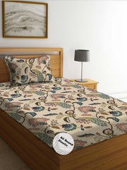 Printed Single Bedsheet With 1 Large Pillow Cove | Size 50 X 75 Inches, Beige - 300 Thread Count Cotton Feel All Around Elastic Fitted Bedsheet | Breathable & Wrinkle Free