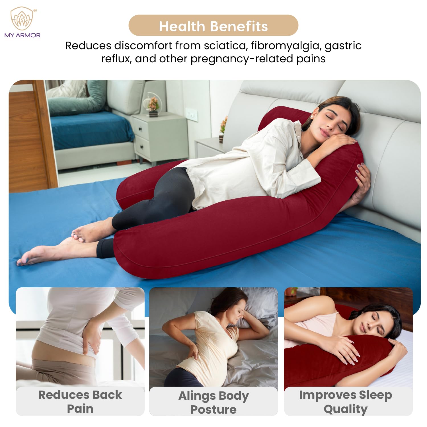 Full Body U Shape Pregnancy Pillow For Women, Maternity Pillow, Maroon Color | Pillow Gift For Pregnancy Sleeping, Premium Velvet Cover With Zip | Adjustable & Washable, Relieves Pain