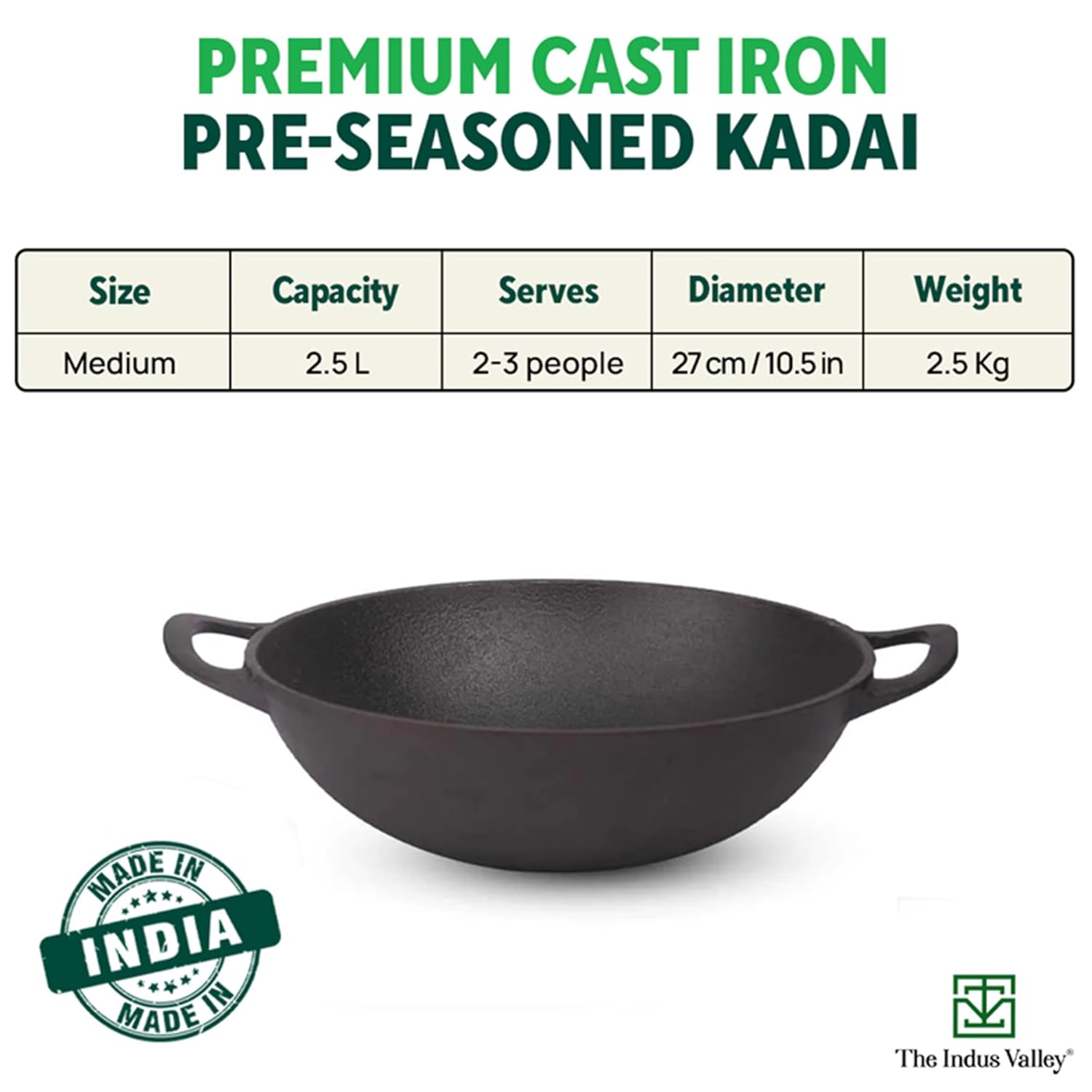 Pre-Seasoned Black Cast Iron Kadai With Flat Handles - Medium, 10.5 Inch, 27 Cm, 2.5 Liters, 2.5 Kg | Induction Friendly, Naturally Nonstick Kadhai, 100% Pure & Toxin-Free, No Chemical Coating