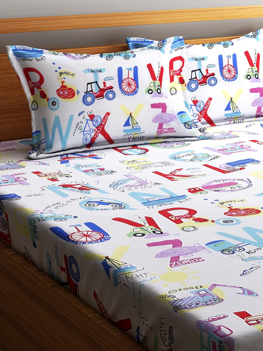 Microfiber Kids Alphabetical Elastic Fitted Double Bedsheet With 2 Pillow Covers | 90 X 90 Inches, Multicolor | Normal Hand Wash Or Machine Wash