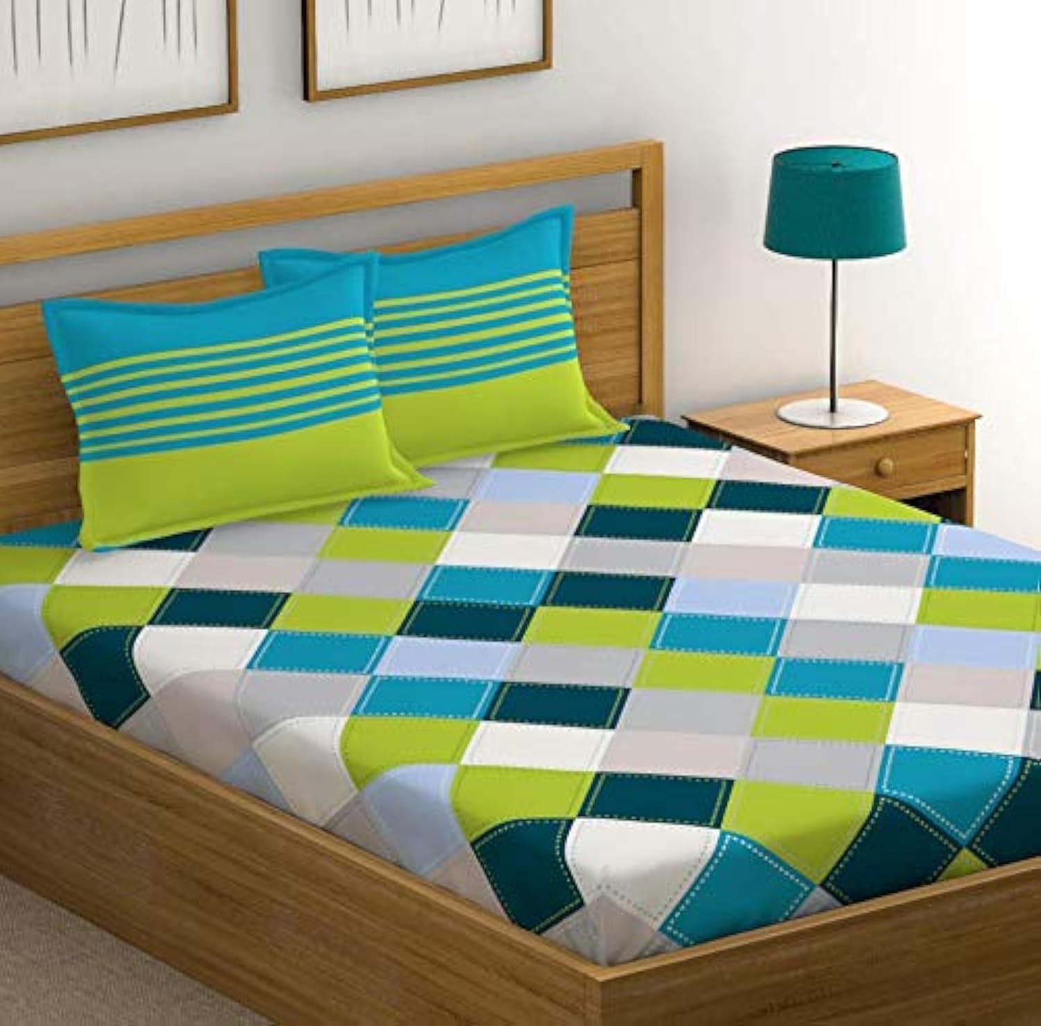 Cotton King Size Bedsheet With 2 Pillow Covers - 108 X 110 Inches, Green & Sky Blue | Color Fade Resistant Bedsheet | Ideal For Hotel, Guest House