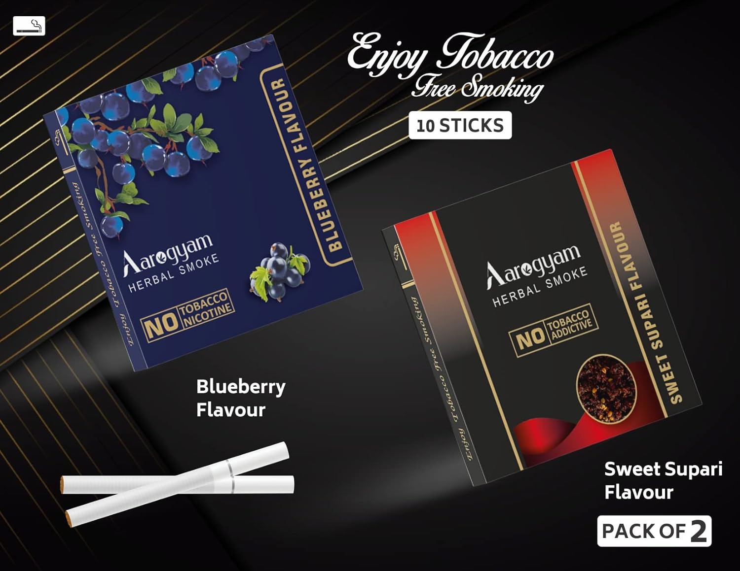 Aarogyam Herbals Pack Of 2 Flavours 100% Tobacco & Nicotine Free Cigarette For Relieve Stress & Mood Enhance Product Sweet Supari - Blueberry - 10 Sticks X 2 Packets