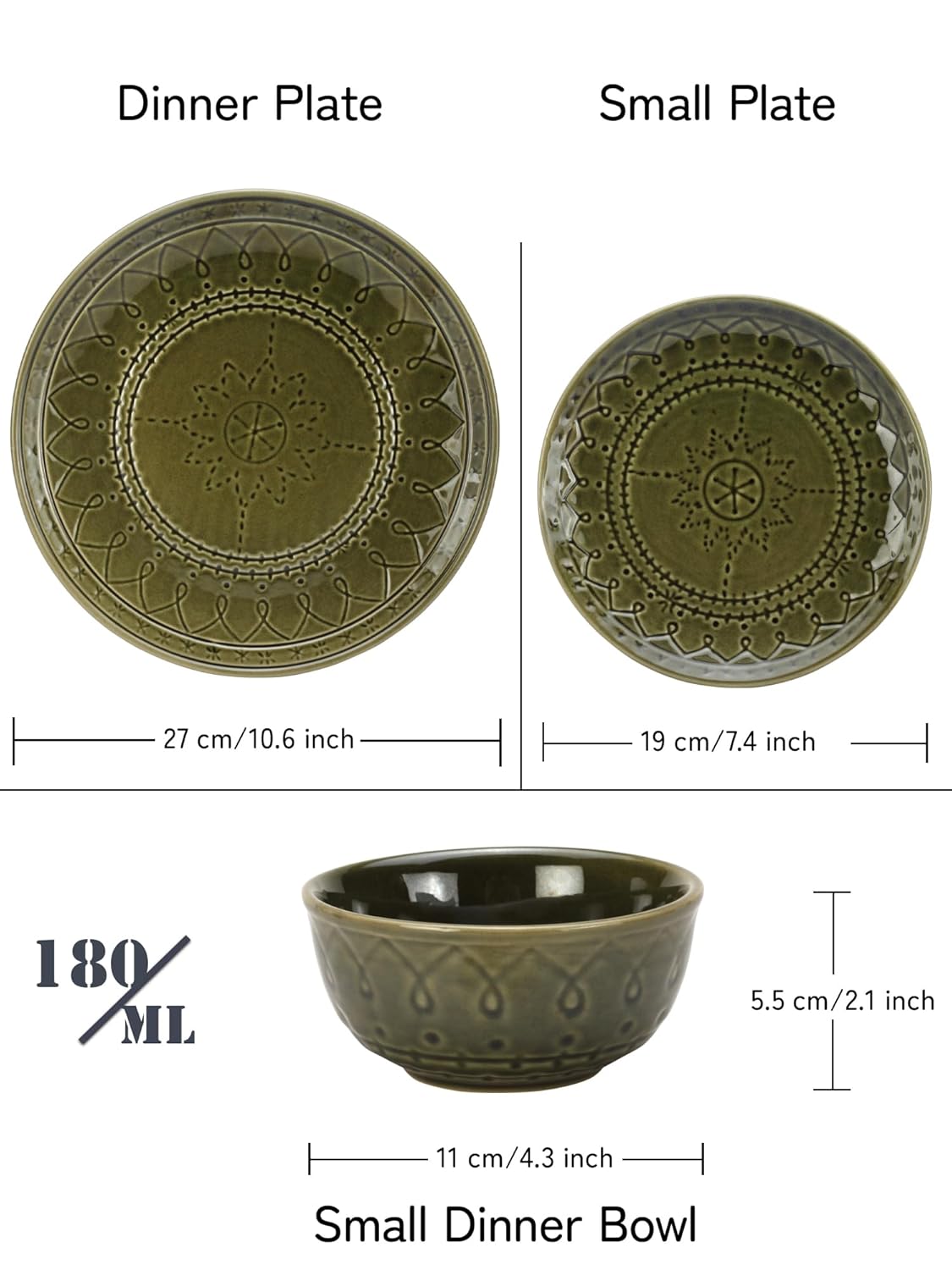 Handcrafted Stoneware Embossed Ceramic Dinner Set Of 6 Pcs - Moss Green | 2 Dinner Plates+ 2 Small Plates+ 2 Small Bowls, 180ml Each - Microwave & Dishwasher Safe | Serving For 2