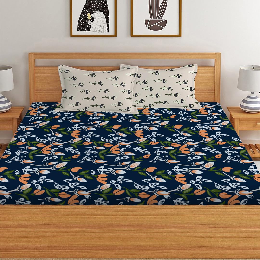 Double Bed Bedsheet With 2 Pillow Covers - 72 X 78 X 10 Inches, Navy Blue & Beige | Elastic Fitted Printed King Size Bedsheet | Soft, Breathable & Wrinkle-Free