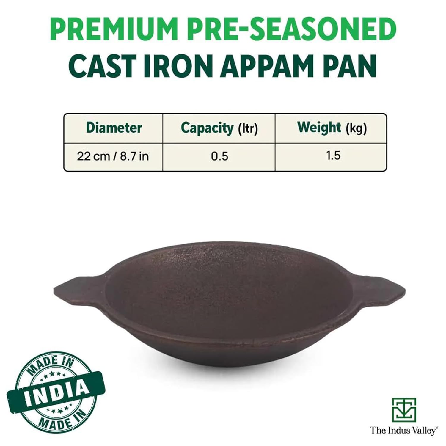 Pre-Seasoned Black Cast Iron Appam Pan - 22 Cm, 8.7 Inch, 1.7 Kg | Gas Compatible, Nonstick Appam Pan, 100% Pure & Toxin-Free, No Chemical Coating