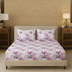 Double Bed Size Elastic Fitted Bedsheet With 2 Matching Pillow Cover - 60 X 75 Inches, White & Pink | Bedroom With Luxury & Comfort Bedsheet