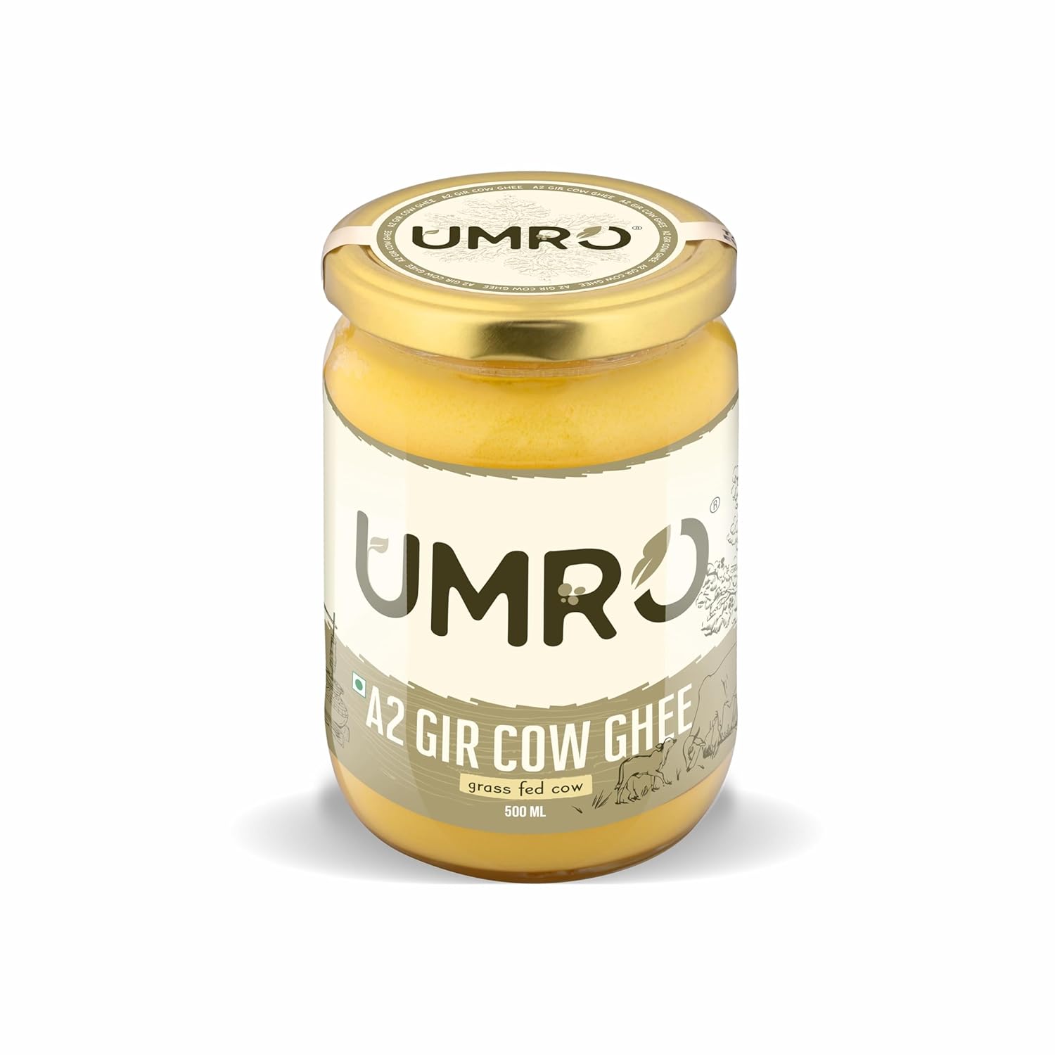 Natural Premium A2 Gir Cow Ghee By Umro | Good Source Of Energy Healthy & Nutrients Desi Ghee Perfect For Modak & Barfi | (500ml) 16.9 Ounce | Jar Pack