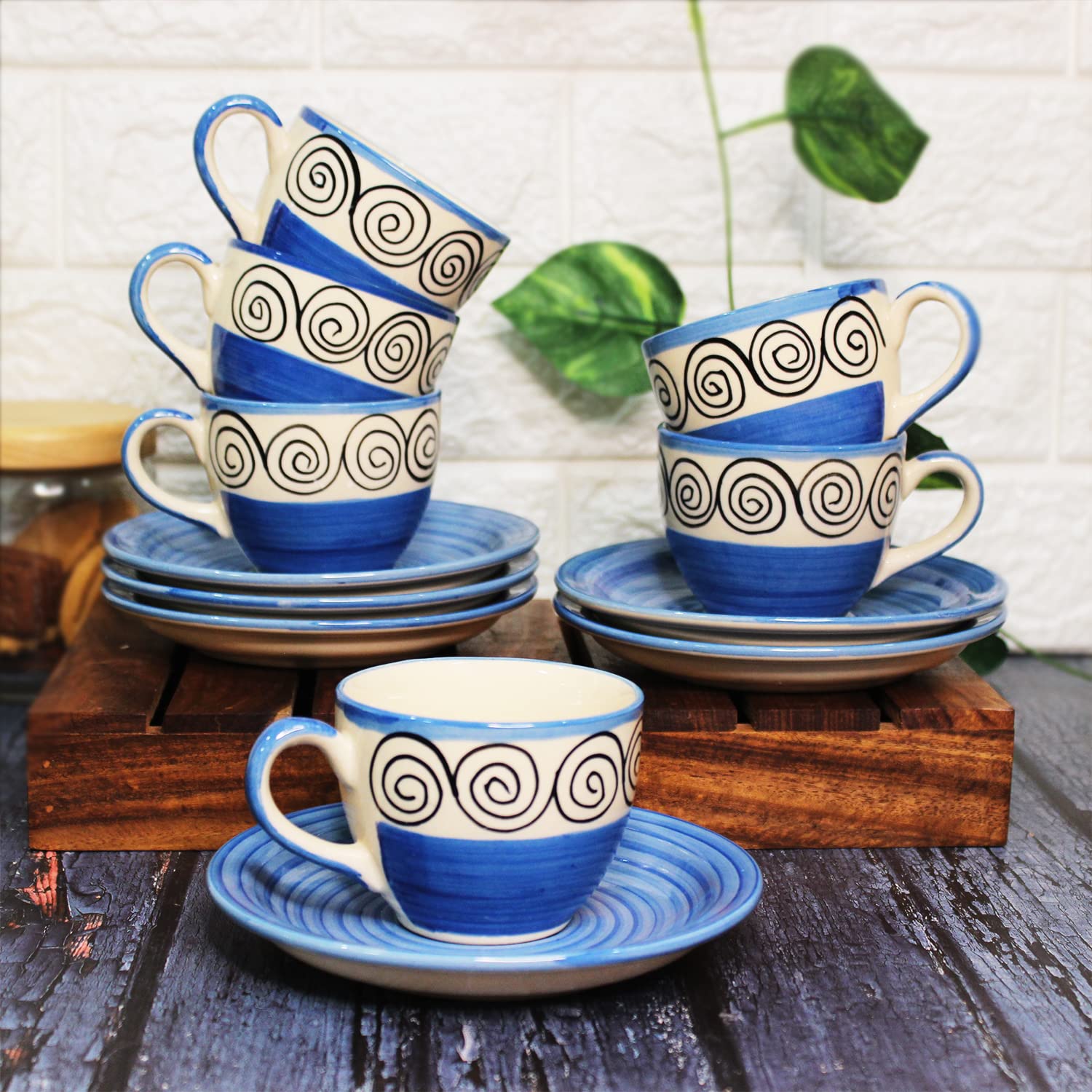 Blue Swirl Ceramic Cups & Saucers Set Of 6 | Tea Cup Set Of 6 Cups + 6 Saucers For Tea, Coffee, Hot Drinks - 12 Pieces, 150ml, Microwave Safe