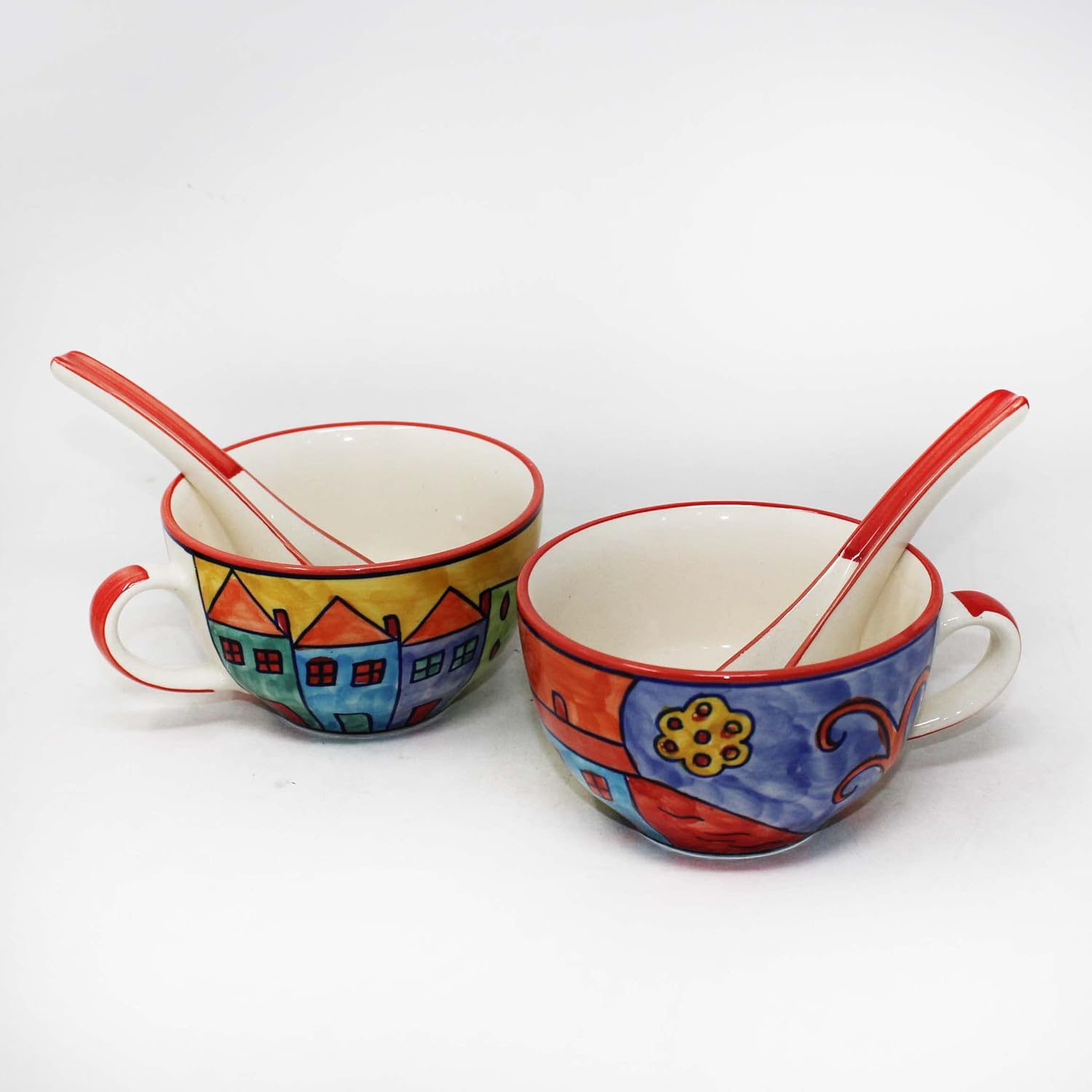Exotic Panorama Hand Painted Handled Ceramic Soup Bowls With Spoons Set Of 2 - 300ml Each, Multicolor | Serving Bowls With Matching Spoons | Ceramic Soup Cups - Microwave Safe & Dishwasher Safe