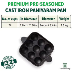 Pre-Seasoned Black Cast Iron Square Paniyaram Pan - 9 Pits, 24cm, 9.4 Inch, 1.3 Kg | Induction Friendly - Naturally Nonstick Appe Or Paddu Pan, 100% Pure & Toxin-Free, No Chemical Coating